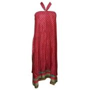 Mogul Womens Wrap skirt Red Printed Two Layer Reversible Long Silk Sari Sarong Dress