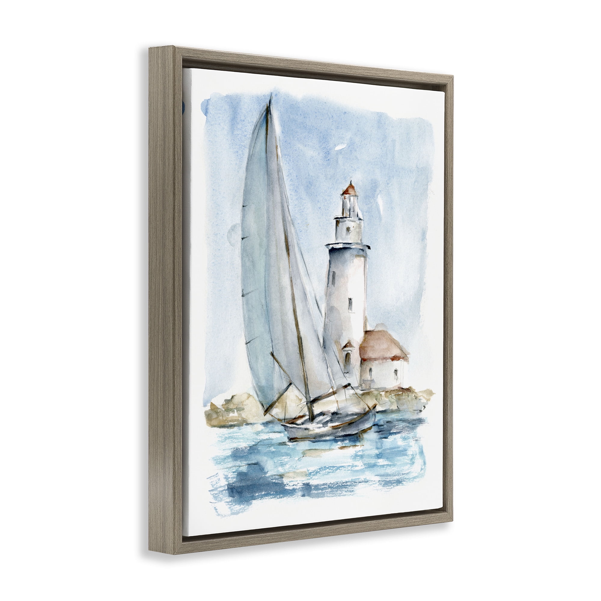 Stupell Industries Nautical Sailboat & Lighthouse Nature Painting Brown Floater Framed Canvas Art Print Wall Art, 17 x 21