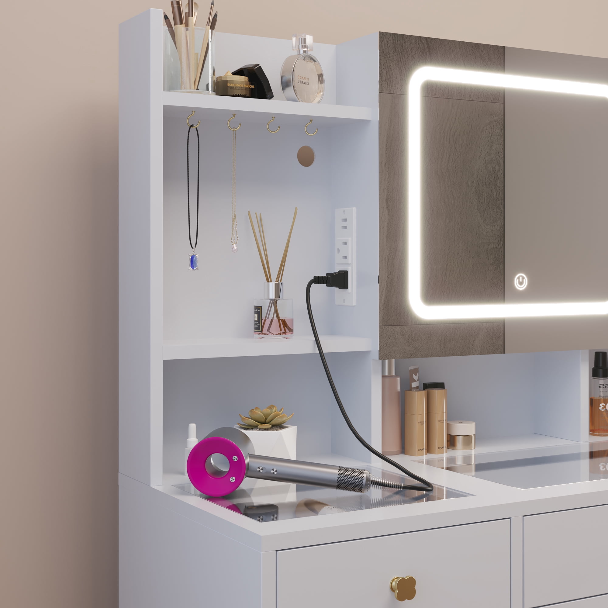 5-Drawer Dressing Table Set with Shelves and Hooks Dressing Table with Power Strip LED Three-Tone Mirror and Tempered Glass Desktop Vanity Set with Textured Melamine Finish 47.24*15.75*53.54in White