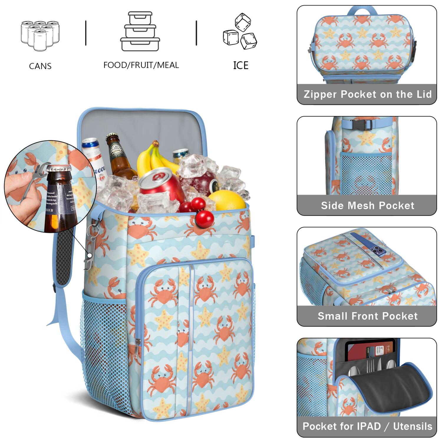 Marine Adorable Crab Cooler Backpack Insulated Waterproof Leak Proof Backpack Cooler Lightweight Lunch Picnic Camping Backpack Cooler for Men Women