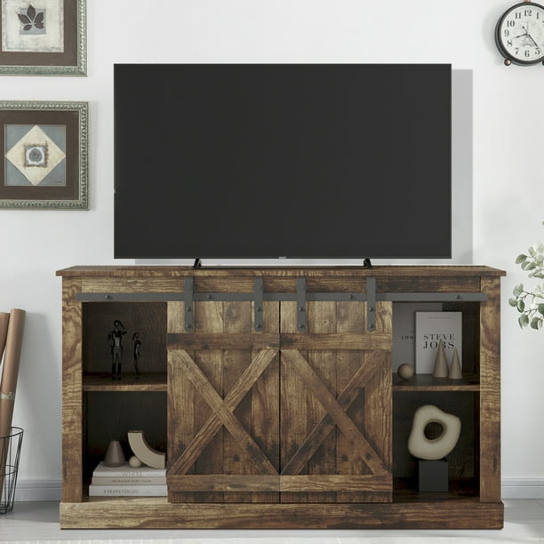 BTMWAY Farmhouse Barn Door TV Stand, Rustic Oak Sliding Barn Door TV