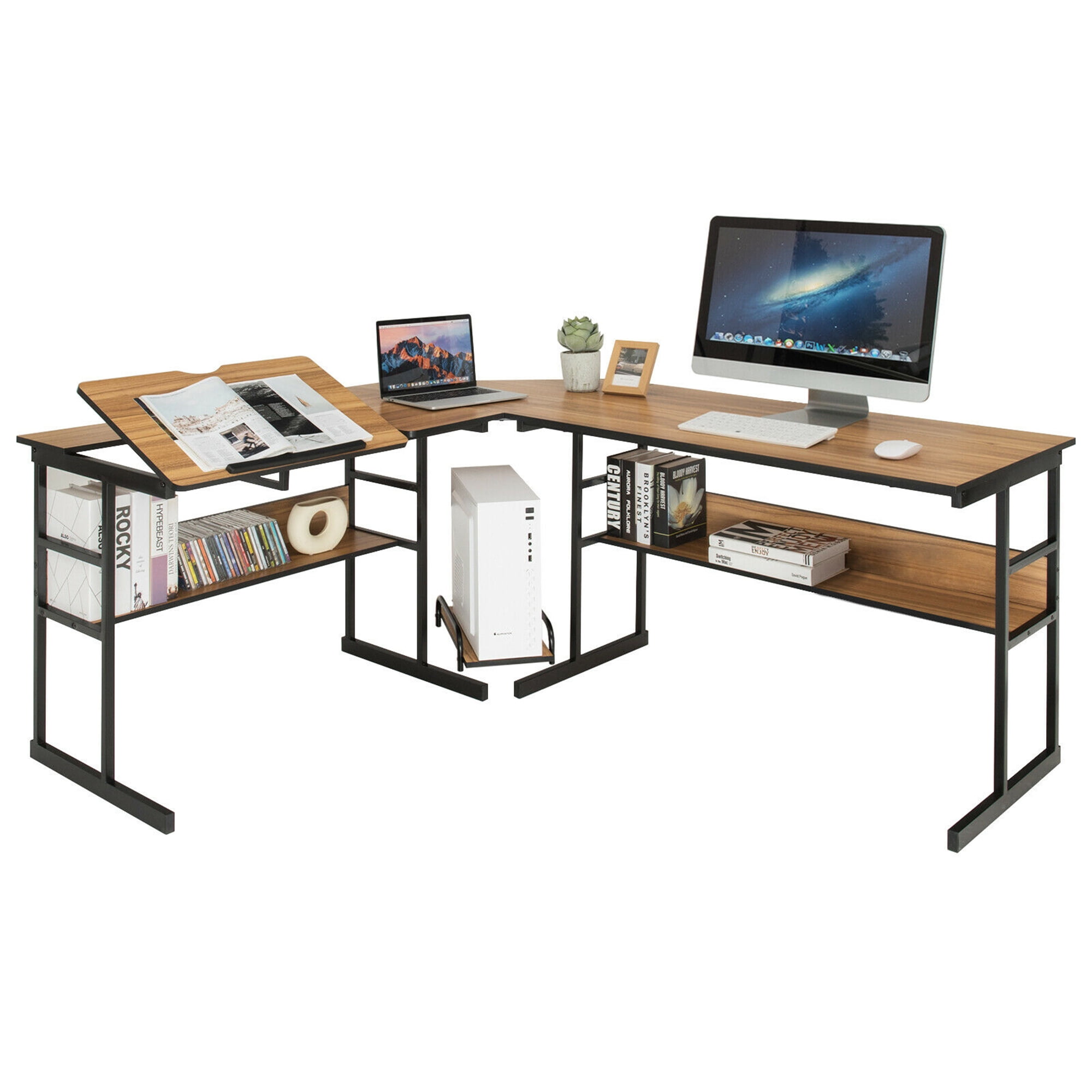 Gymax L-Shaped Computer Desk Drafting Table Workstation w/ Tiltable  Tabletop Walnut