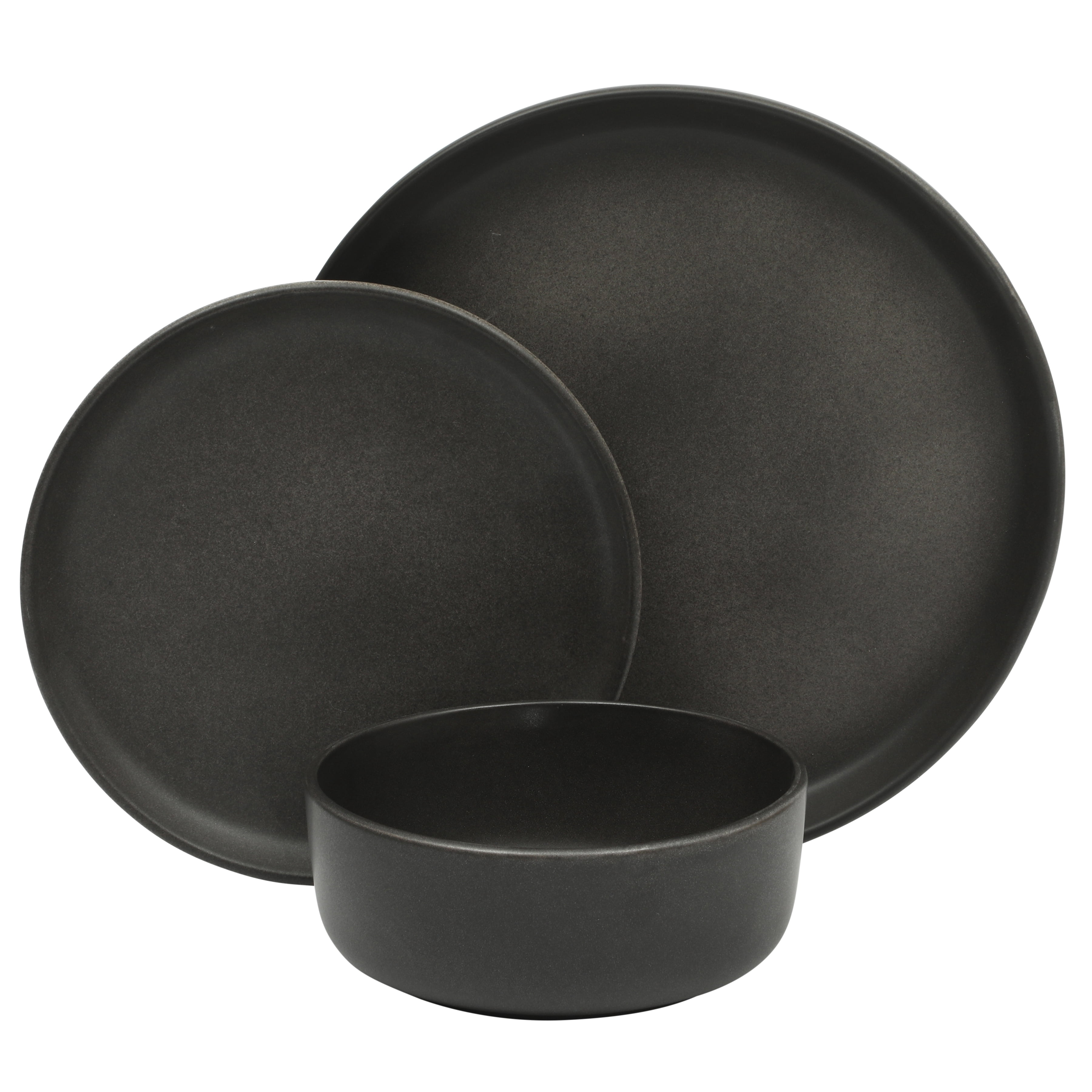 Gibson Elite Pasco 12 Piece (Service for 4) Plates and Bowls Reactive Glaze Dishes Stoneware Ceramic Dinnerware Set - Black