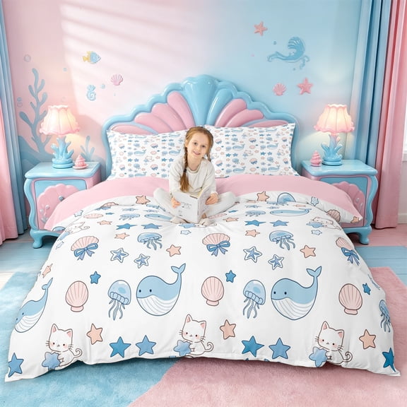 jejeloiu Cute Ocean Cat Print Bedding For Girls,Whale Jellyfish Pattern Duvet Cover Full,Blue White,Pink Reversible,3pcs,1 Duvet Cover and 2 Pillowcases