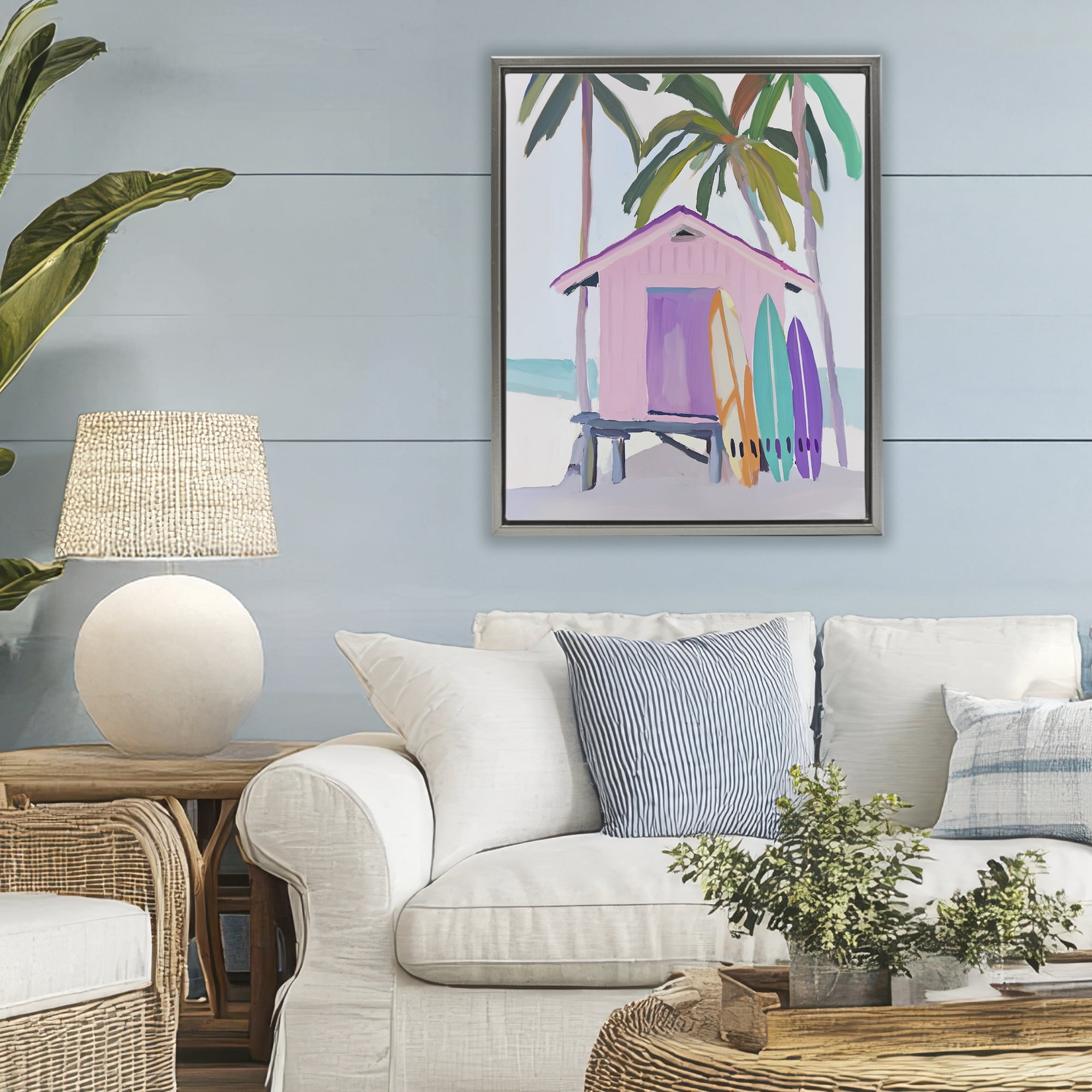 Stupell Industries Pink Beach Hut with Surfboards Gray Framed Floater Canvas Wall Art, design by Sisi and Seb
