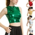 thumbnail image 5 of Ana Women Faux Leather Shiny Wetlook Mock Neck Crop Top Vest Tank Top Dance Clubwear, 5 of 9