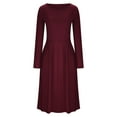 thumbnail image 3 of USSUMA Womens Summer Dresses Summer Dresses Long Sleeve Crew Neck Casual Solid Color Maxi Dress Leisure Skirt Breathable Skirts Daily Wear s Wine Dress Size-XXL, 3 of 5