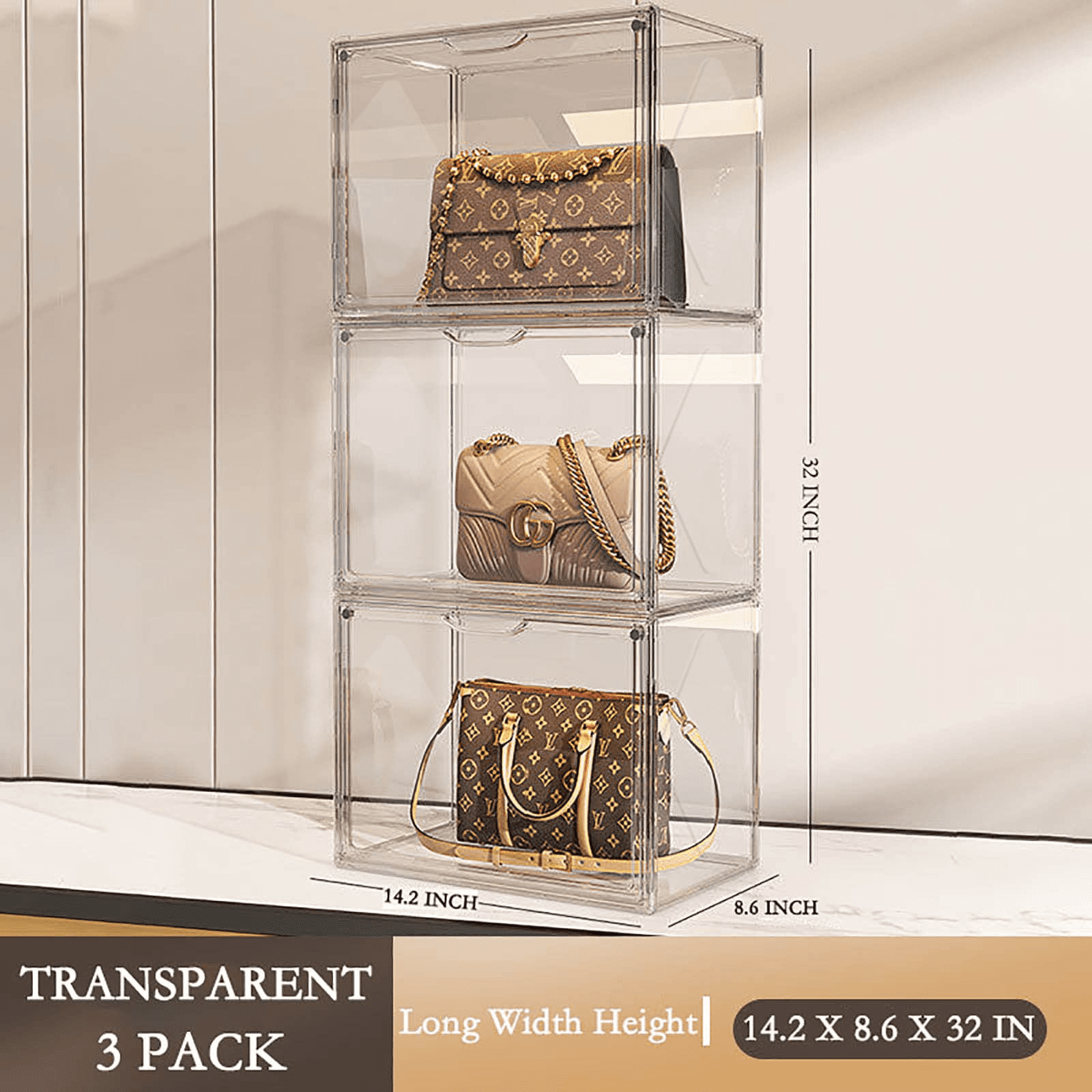 NiHome Clear Pet Plastic Purse Handbag Display Case Magnetic Door Storage Organizers for Closet 3pcs, Anti Dust Luxury Stackable Bag Container Box
