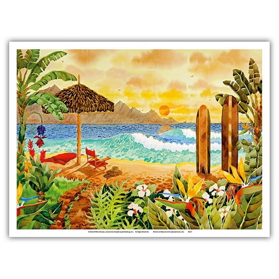 Surfing the Islands - Tropical Beach Paradise - Hawaii - Hawaiian Islands - From an Original Watercolor Painting by Robin Wethe Altman - Master Art Print (Unframed) 9in x 12in
