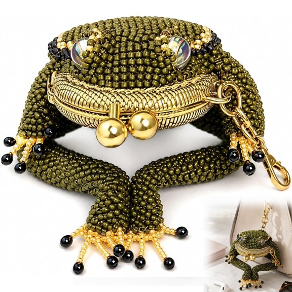 Frog Coin Purse Beaded Kiss Lock Keychain Pouch –Lucky Toad Design Mini Bag Charm for Coins Earbuds Rings Gift