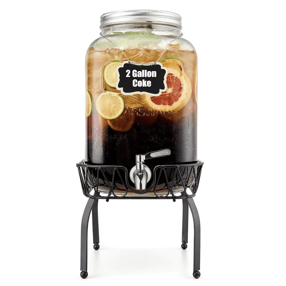 2 Gallon Glass Beverage Dispenser with Stand and Lid, 18/8 Stainless Steel Spigot - Glass Drink Dispensers for Parties - Mason Jar Drink Dispensers with Lids