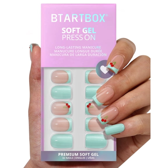 BTArtbox Press On Nails - Berry Pail, Short Square, 2-Week Wear, Easy-to-Apply, 32 Count All-in-One Kit