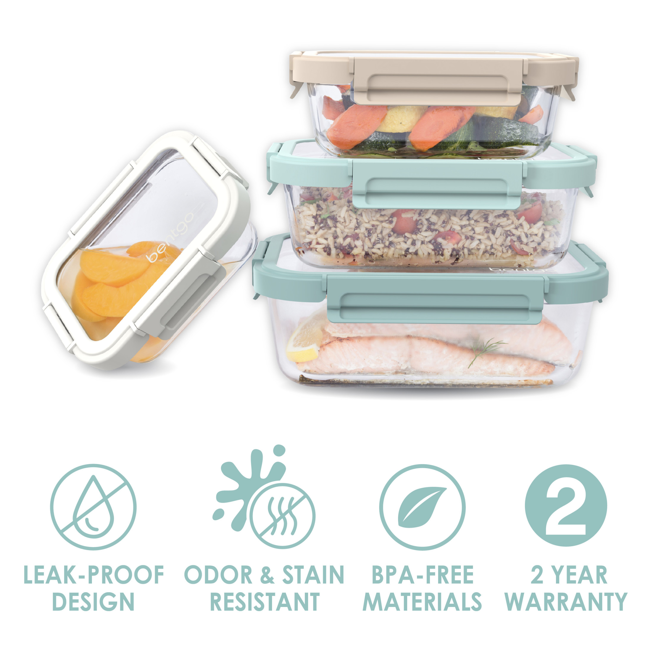 Bentgo® Glass Leak-Proof Food Storage Set - 8 Piece Stackable 1-Compartment Meal Prep Containers & Airtight Locking Lids, Reusable, BPA-Free, Microwave, Freezer, Oven, Dishwasher Safe (Coastal Beach)