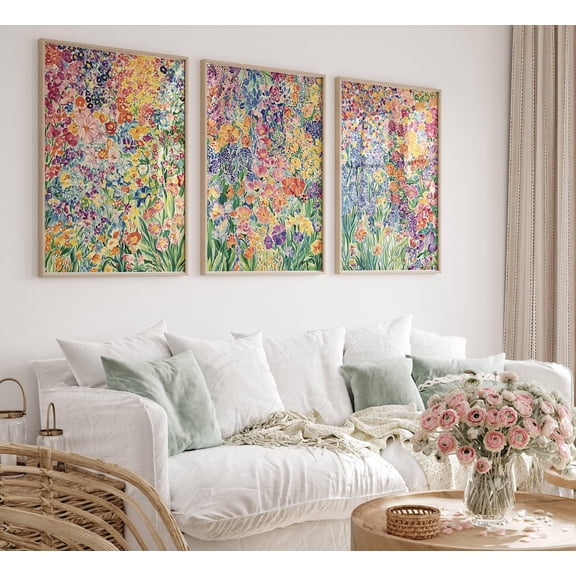 UNFFRAMED Colorful Flower Garden Landscape Poster Set, Spring Floral Wall Art Abstract Botanical Garden Art, Pastel Wildflower Poster Set 3 Prints 8x12