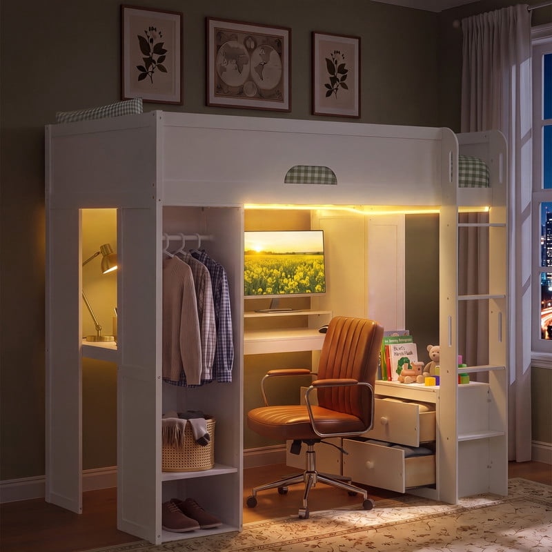 Twin Versatile Loft Bed with L-Shaped Desk, LED Light Strip & Charging Station, Storage Kids Bed Frame with Drawers & Wardrobe