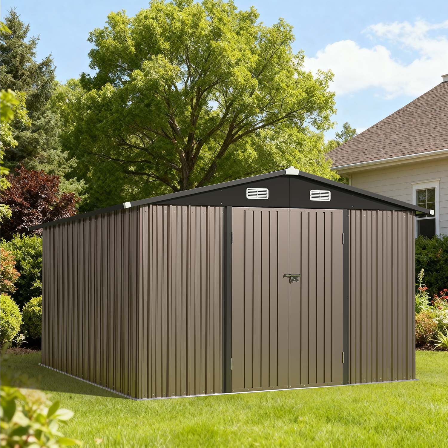 BaPiPro 10x12 ft Metal Storage Shed with Double Lockable Doors, Outdoor Storage Garden Tool Shed Bicycle Shed for Patio Backyard, Brown