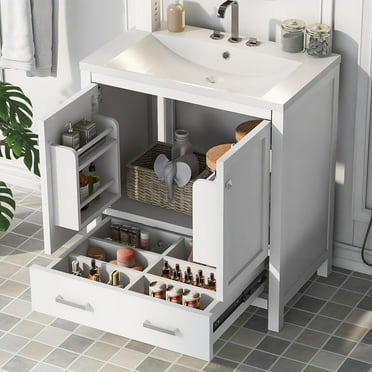 30" Bathroom Vanity with Single Sink, Combo Cabinet Undermount Sink, Bathroom Storage Cabinet with 2 Doors and a Drawer, Soft Closing, Multifunctional Storage, Solid Wood Frame, White