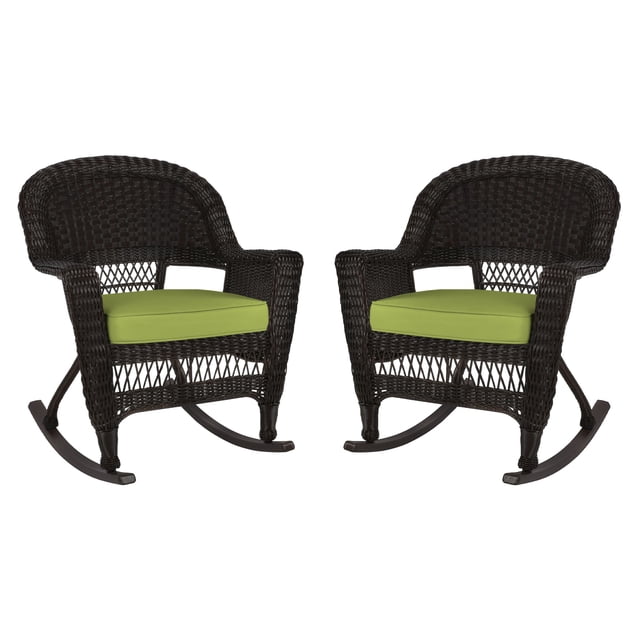 Jeco Rocker Wicker Chair in Espresso with Green Cushion (Set of 2)
