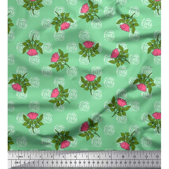 Soimoi Green Cotton Duck Fabric Leaves & Rose Floral Print Sewing Fabric Yard 56 Inch Wide