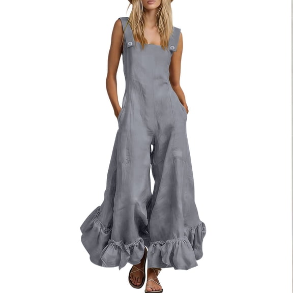 Sahpxhe Jumpsuits for Women Dressy Cotton Square Neck Ruffle Wide Leg Overalls Jumpers Summer Casual Trendy Rompers with Pockets Gray L