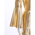 thumbnail image 5 of inlzdz Girls 3Pcs Groovy Jazz Dance Disco Outfit Metallic One Flared Sleeve Leotard with Tassel Skirt Sequin Hat Set Gold 10, 5 of 7