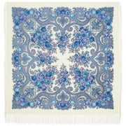 Flower Aria Pavlovo Posad Wool Shawl in White&Blue