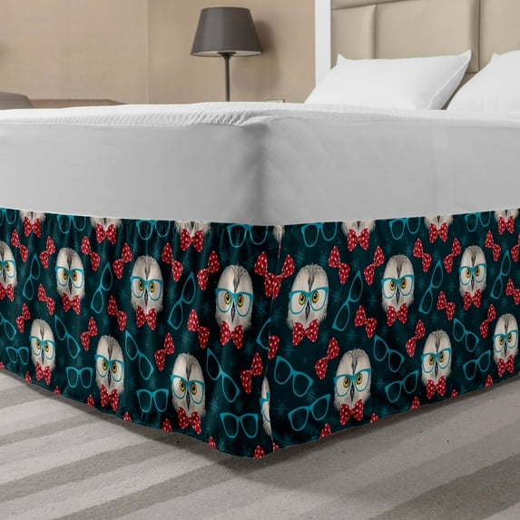 Geek Bed Skirt, Pattern with Snowflakes and Owl Wearing Glasses and Dotted Bowtie, Elastic Bedskirt Dust Ruffle Wrap Around for Bedding Decor, 4 Sizes, Multicolor, by Ambesonne