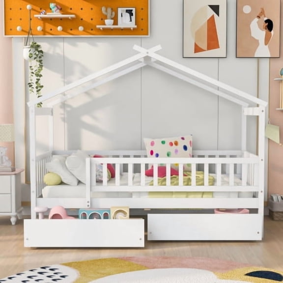 Twin Size Wooden House Bed with Two Drawers, Solid Pine Wood Platform Bed for Bedroom, No Box Spring Needed, White