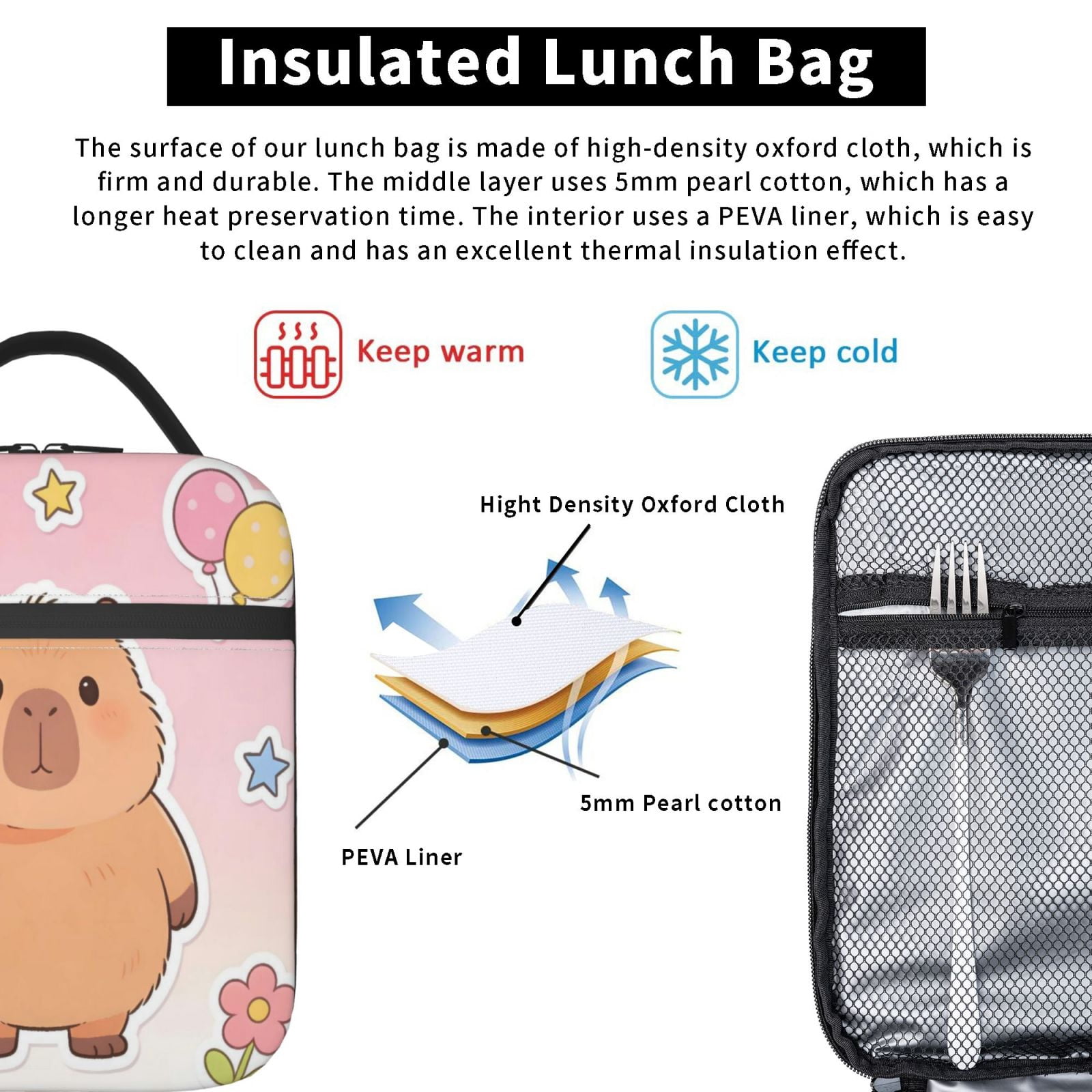 Lunch Bag For Women Men Insulated Portable Lunch Box Bento Box Office Picnic Travel Cooler Bag Capybara Balloon Flower Star