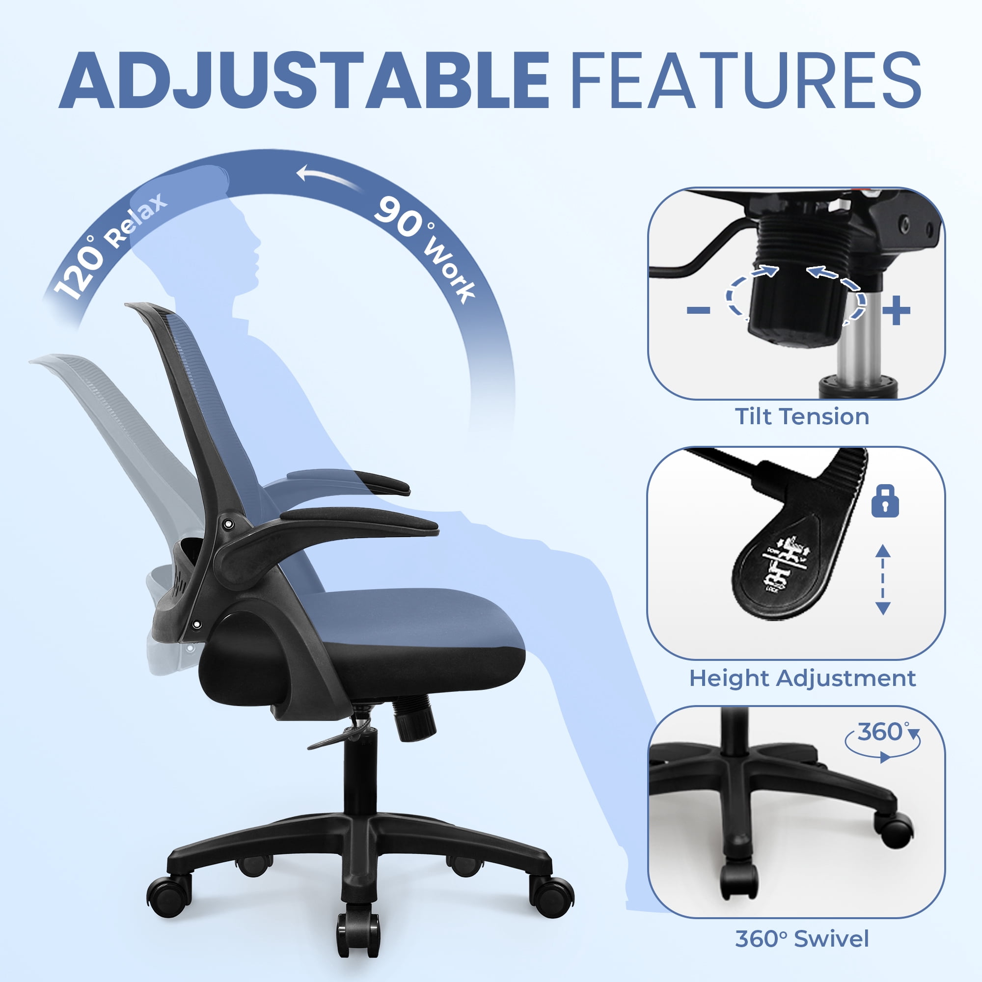 CELTOSS Ergonomic Office Chair, Flip-Up Arms, Adjustable Lumbar Support, Black