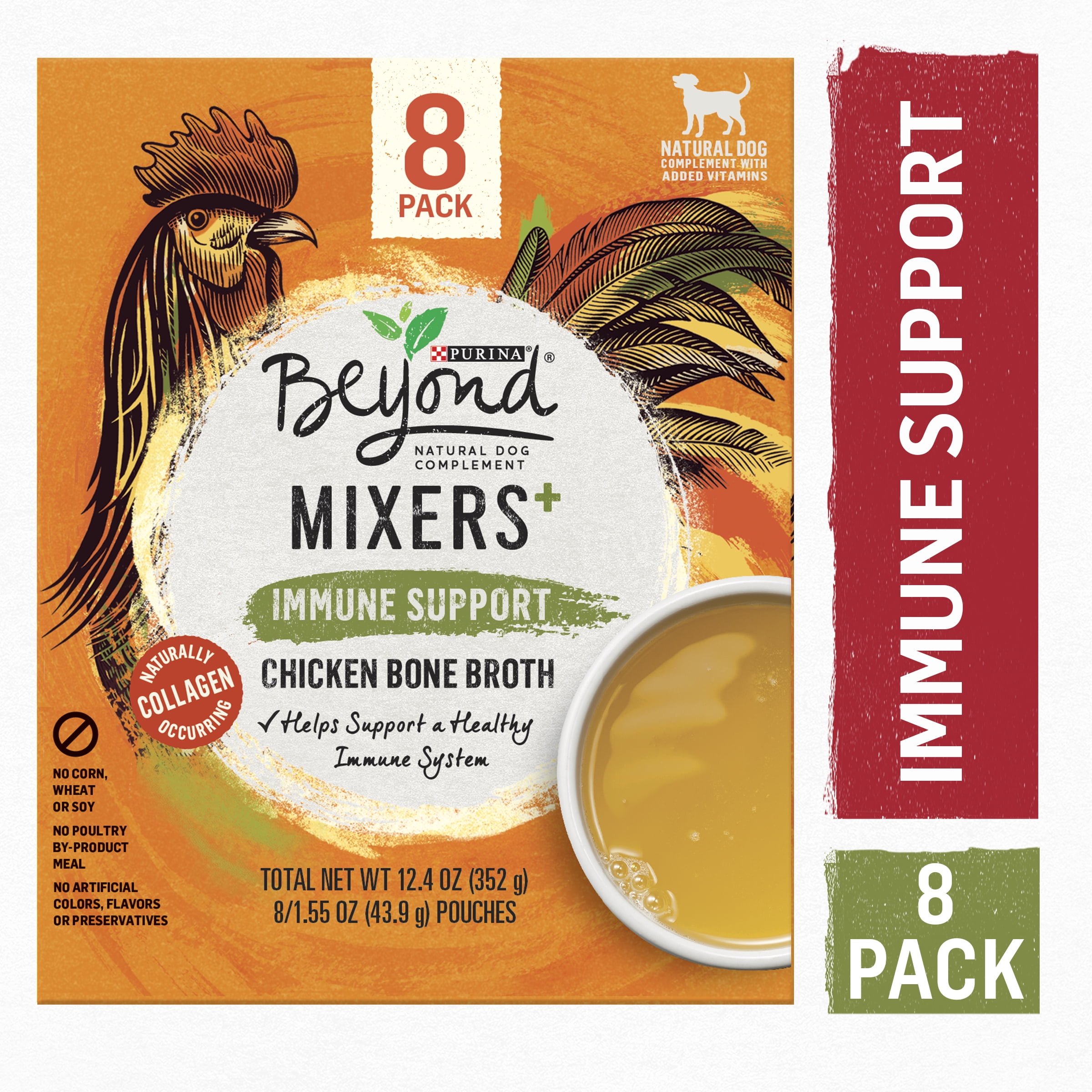 (8 Pack) Purina Beyond Natural Dog Complement, Mixers+ Immune Support Chicken Bone Broth With Added Vitamins, 1.55 oz. Boxes