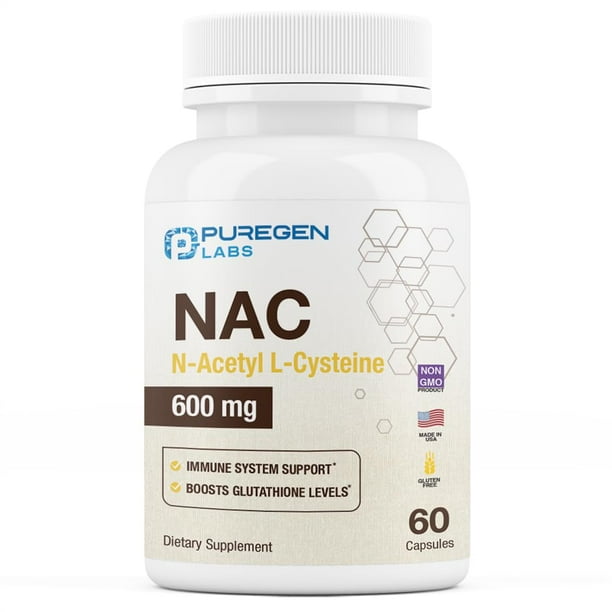Puregen Labs N-Acetyl-L-Cysteine (NAC) 600mg, Supports Immune, Respiratory, Liver Health, NAC 600 mg, Potent antioxidant Support, Free-radicals, Easy to Absorb - 60 Vegetarian Capsules