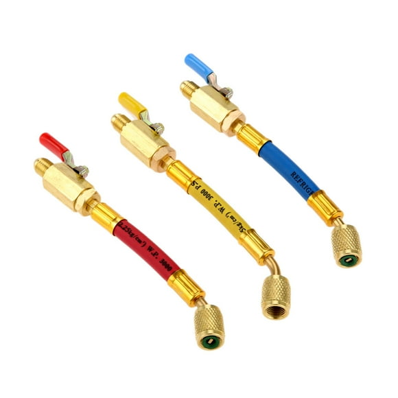 R134A R410A R22 R12 Charging Hoses and Ball Valve Set 3 Pcs Color Coded Hoses/w Ball Valve 1/4"" SAE Thread (7"" Long) for AC HVAC Maintenance Kit and Air Condition Refrigeration Charging Tools