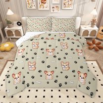 Homewish Cute Cartoon Corgi Queen Comforter Set,Kawaii Puppy Dogs Bedding Sets,Beige Black Bedding Comforter Set For Girl Boys,Ultra Soft Room Decor Reversible,3 Pieces