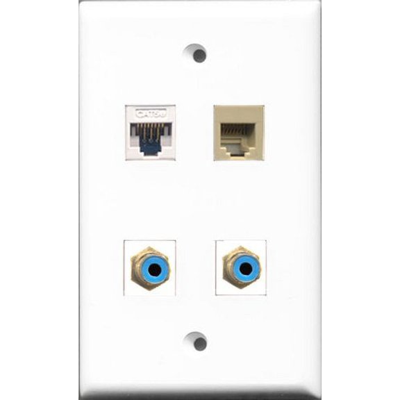 RiteAV - 2 Port RCA Blue and 1 Port Phone RJ11 RJ12 Beige and 1 Port Cat5e Ethernet White Wall Plate