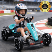 Juuar 12V Pedal Go Kart for Kids Age 3+, 4 Wheel Folding Ride on Car with Lights & Music, Up to 3 MPH, 2 x 390W Powered Fun Electric Vehicles Toys Gifts for Boys Girls, Light Blue