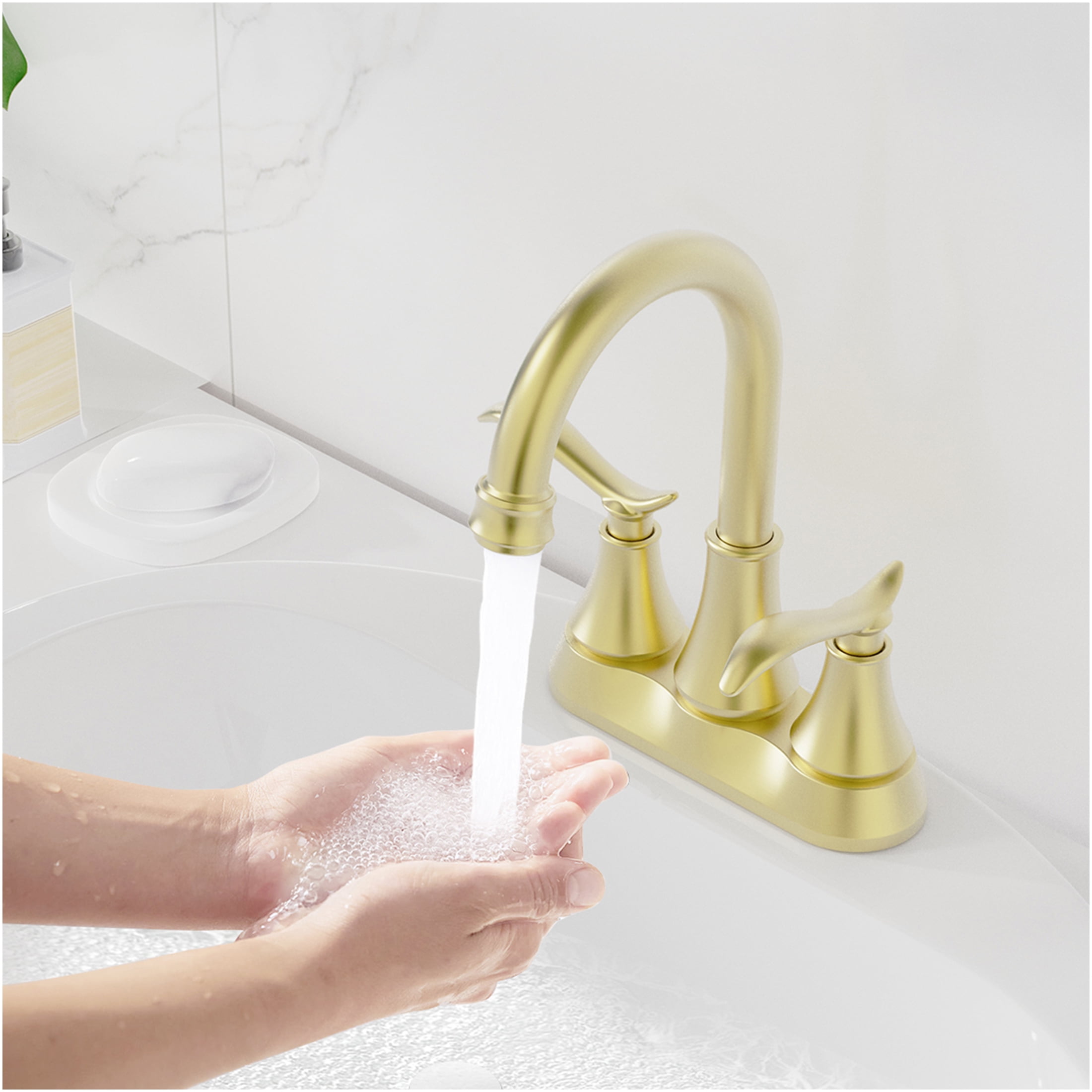 JERFIT 4 inch Centerset Bathroom Sink Faucet with Drain, Brushed Gold 2-Handle High Arc Swivel Spout, Water Saving Deck Mount Vessel Vanity Faucet
