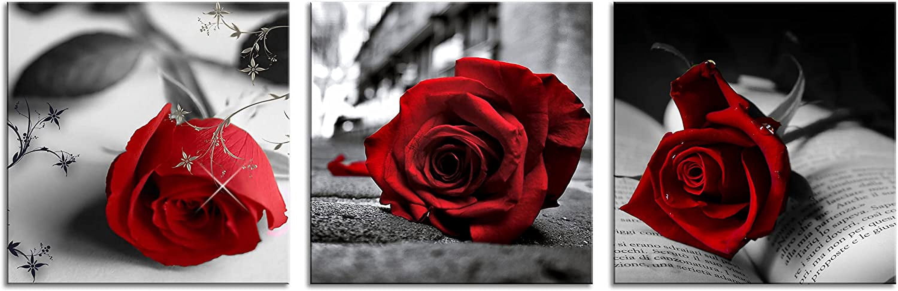 Canvas Print 3 Pcs Black and White Red Rose Canvas Art Painting Abstract Wall Art Decorations Flower Picture on Canvas for Home Decor Stretched and Framed (16X16inchX3pcs, A-Rose)