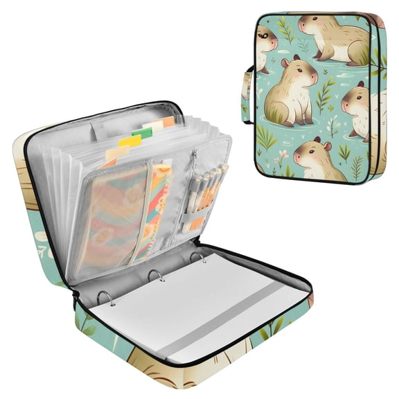 Haosy Accordion File Organizer Zipper Binder 500 Sheet 6-Tab Expanding File Folder Multi-Pocket 1.2 Inch 3 Ring Cute Capybara and Leaf
