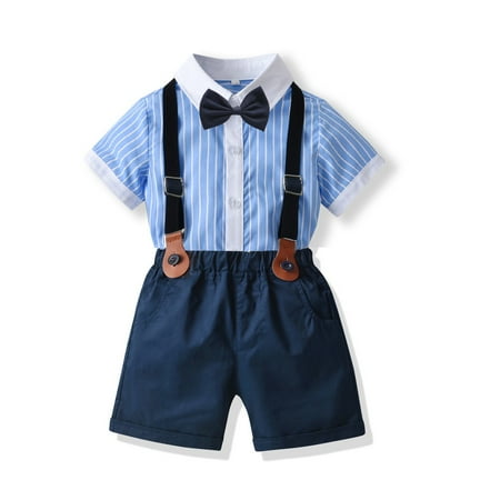 

Outfits for Kids Gentleman Short Pants Short Sleeve Romper Shirt+Suspender Pants+Bow Tie 4Pcs Suits for Kids Boys