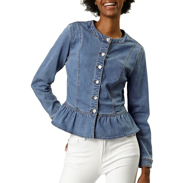 Chaquetas de mezclilla para mujer INSPIRE CHIC, con botones, dobladillo peplum, mangas largas, chaquetas de jean cortas, azul claro, XL