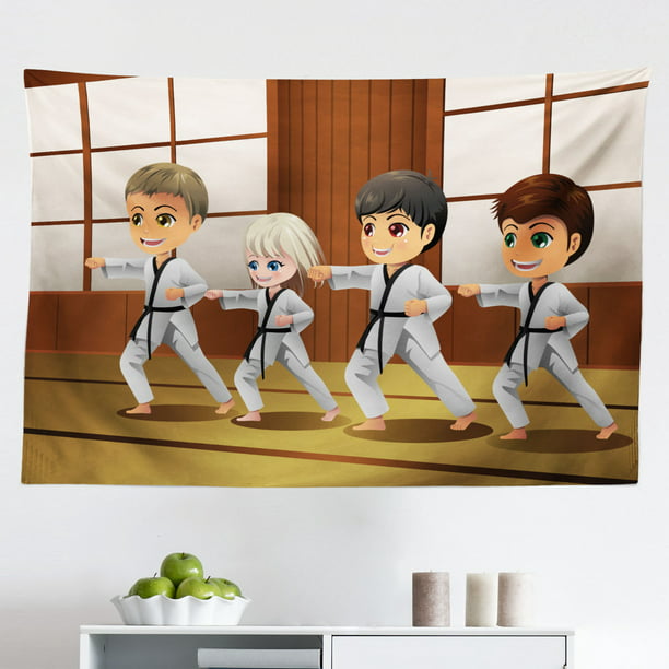 Karate Tapestry, Practicing Martial Arts Self Defence in Dojo Cartoon  Illustration, Fabric Wall Hanging Decor for Bedroom Living Room Dorm, 2  Sizes, Redwood Multicolor, by Ambesonne 