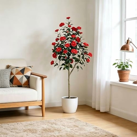 3FT Red Artificial Camellia Tree, Potted Faux Flower Indoor Outdoor Decor