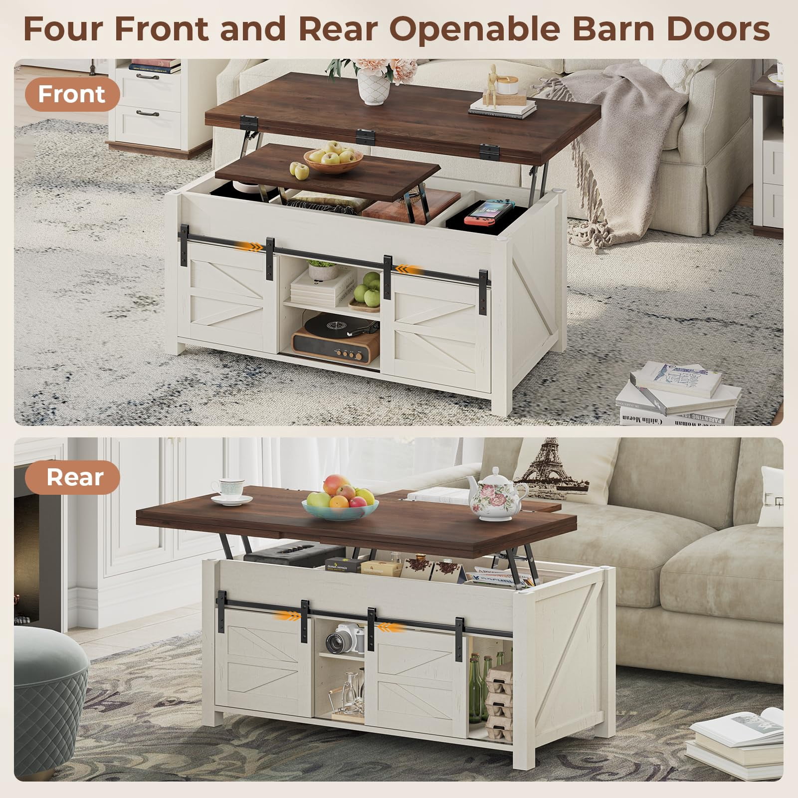 Lift Top Coffee Table with Hidden Storage Compartment, 4 in 1 Farmhouse Coffee Table with 4 Sliding Barn Doors, White