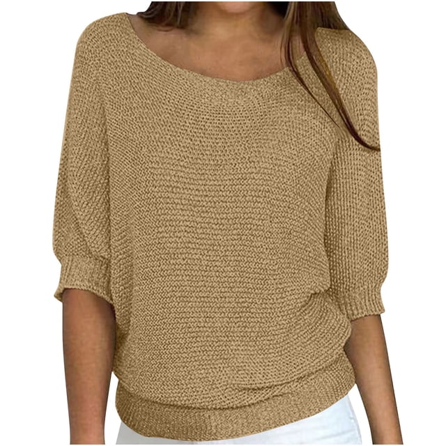 Xfvqtps Sweater Womens Solid Color Round Neck Pullover Half Sleeve Loose Casual Sweater