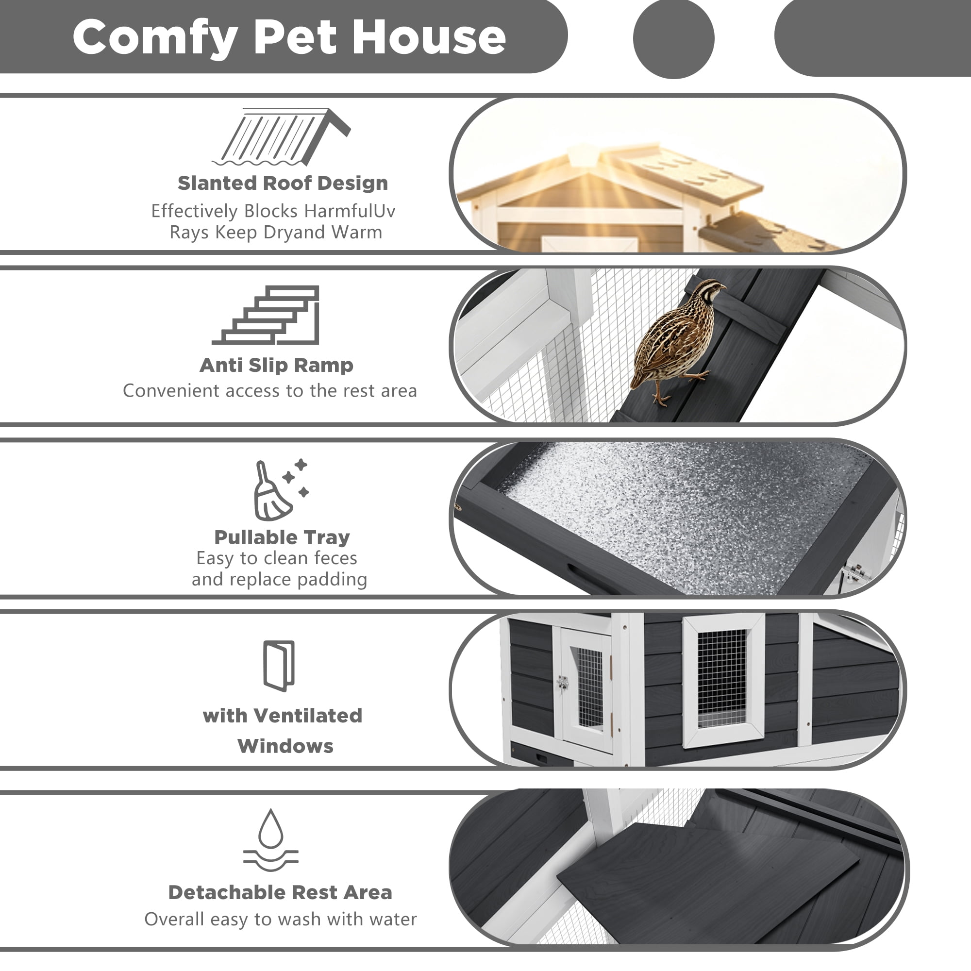 Outdoor Weatherproof 2-Tier Quail Cage with Pull Out Tray & Open Roof, Suitable for 6 Quails, Black & White
