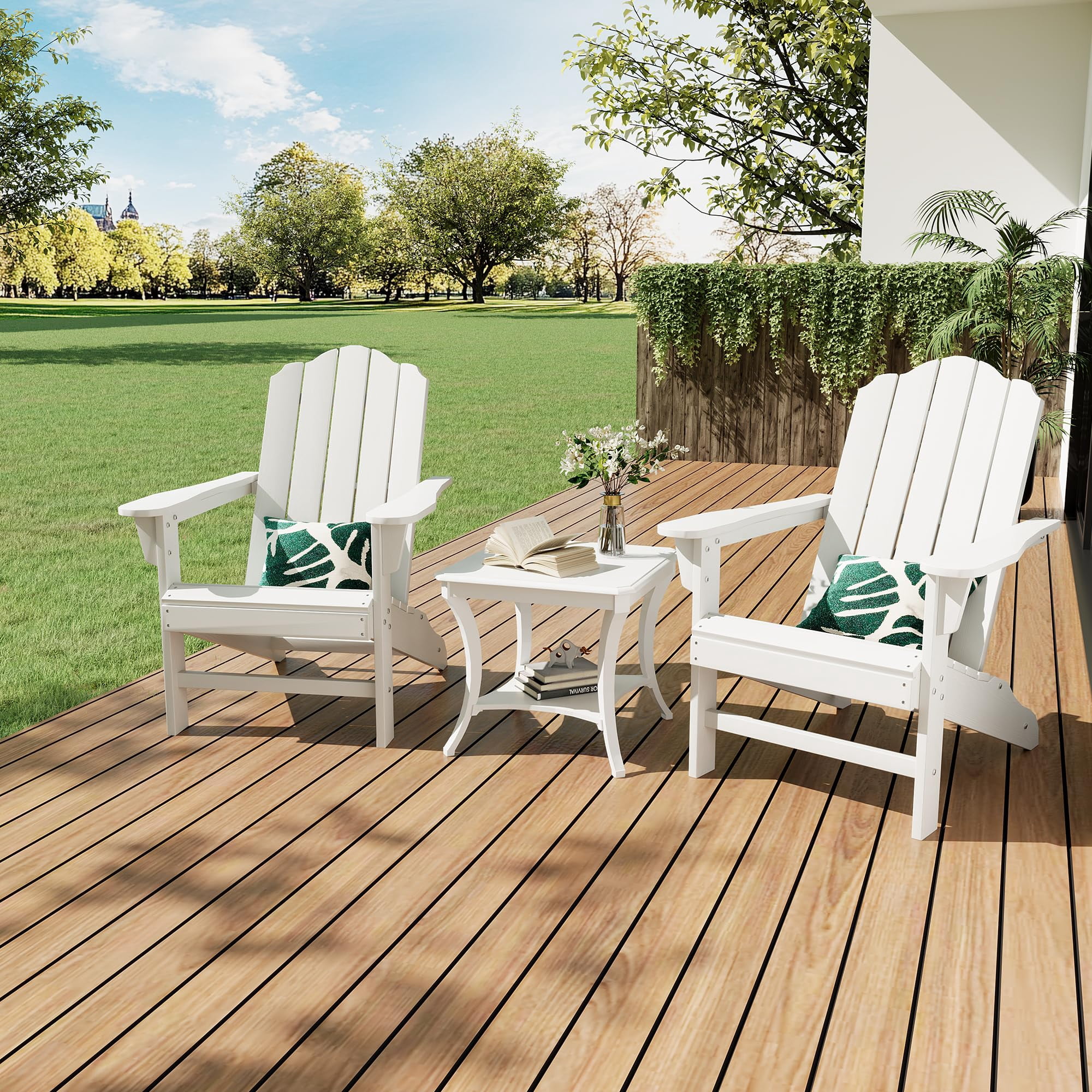 2-Piece HDPE Adirondack Chairs, Wood Texture Patio Furniture, Outdoor Lawn Chairs for Garden, Backyard, Deck, Poolside, White