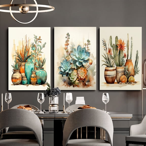 [2D Flat] [Succulent Plant Art Paintings] 3pcs Frameless Wrapped Canvas Succulent Plant Art Paintings| Southwest Style Wall Decor, Green and Orange, Cactus, Neutral Home Decor, Wrapped Pine Frame, P
