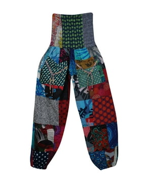 Mogul Women Patchwork Cotton Harem Pant Printed High Waist Comfy Yoga Pajamas S/M