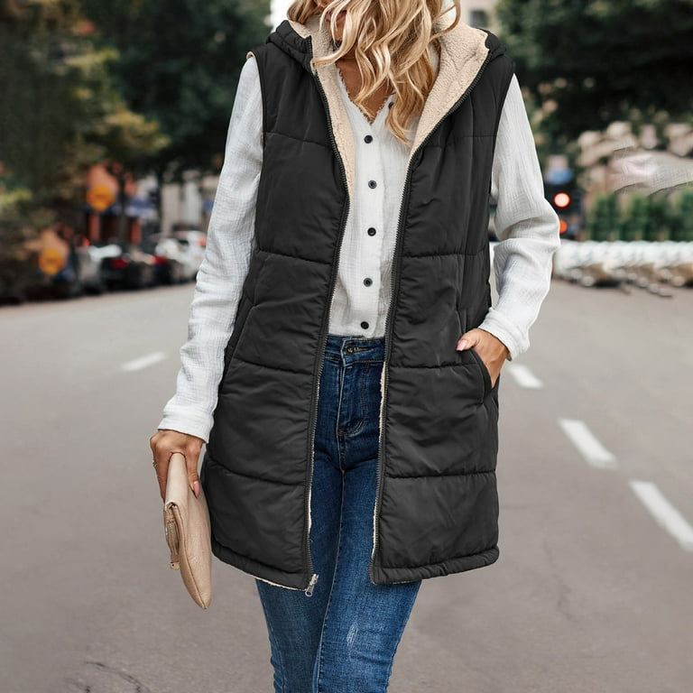 TQWQT Fall Reversible Vests for Women Sleeveless Fleece Jacket Zip Up  Hooded Vest Long Warm Winter Coat Comfy Outerwear Black XL